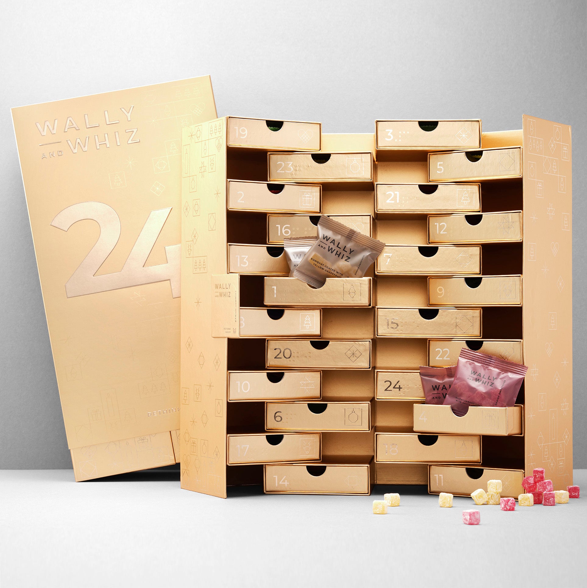 Goldener Adventskalender - 50 Beutelchen köstliches Fruchtgummi, 550g
