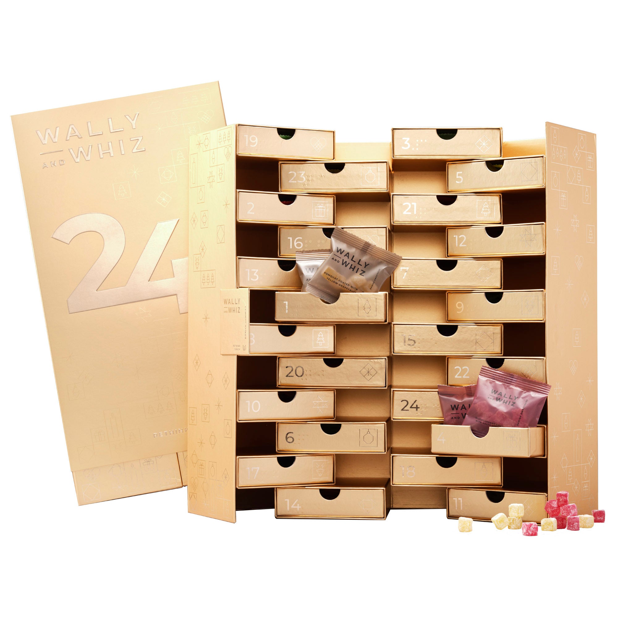Goldener Adventskalender - 50 Beutelchen köstliches Fruchtgummi, 550g