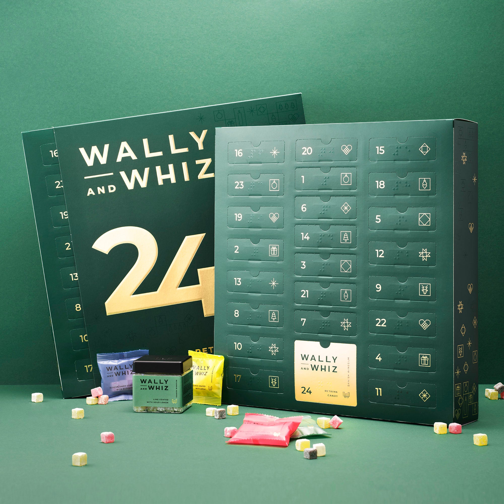Grüner Adventskalender - 23 Beutelchen mit leckerem Fruchtgummi und 1 Dose, 393g